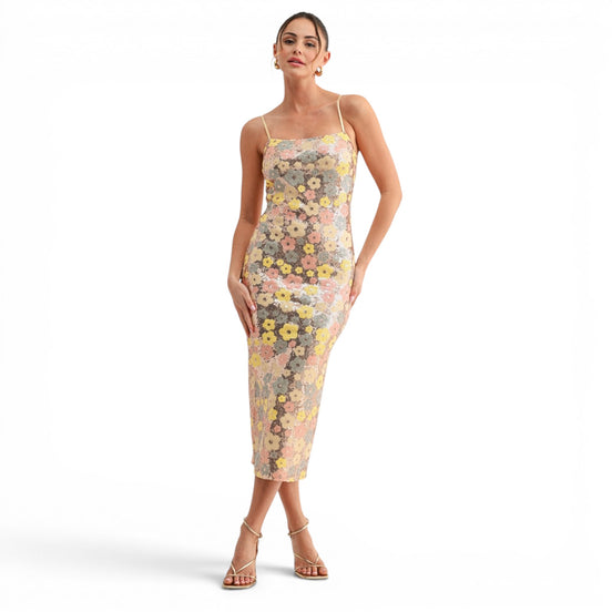 Vestido Midi Floral Multicolor con Lentejuela para Cóctel