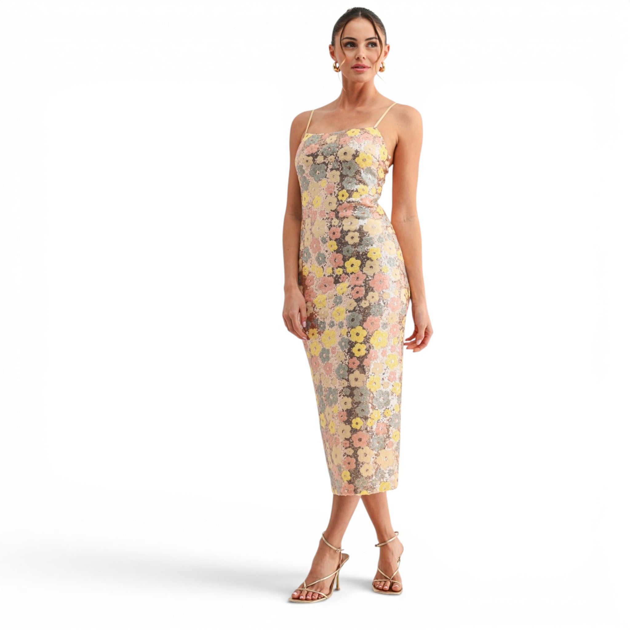 Vestido Midi Floral Multicolor con Lentejuela para Cóctel