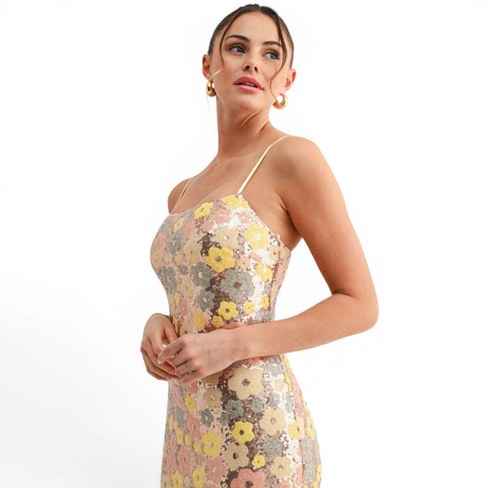 Vestido Midi Floral Multicolor con Lentejuela para Cóctel
