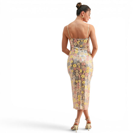 Vestido Midi Floral Multicolor con Lentejuela para Cóctel