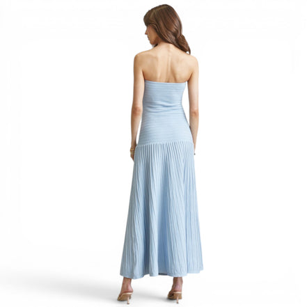 Vestido Largo Azul Periwinkle Strapless con Falda Plisada