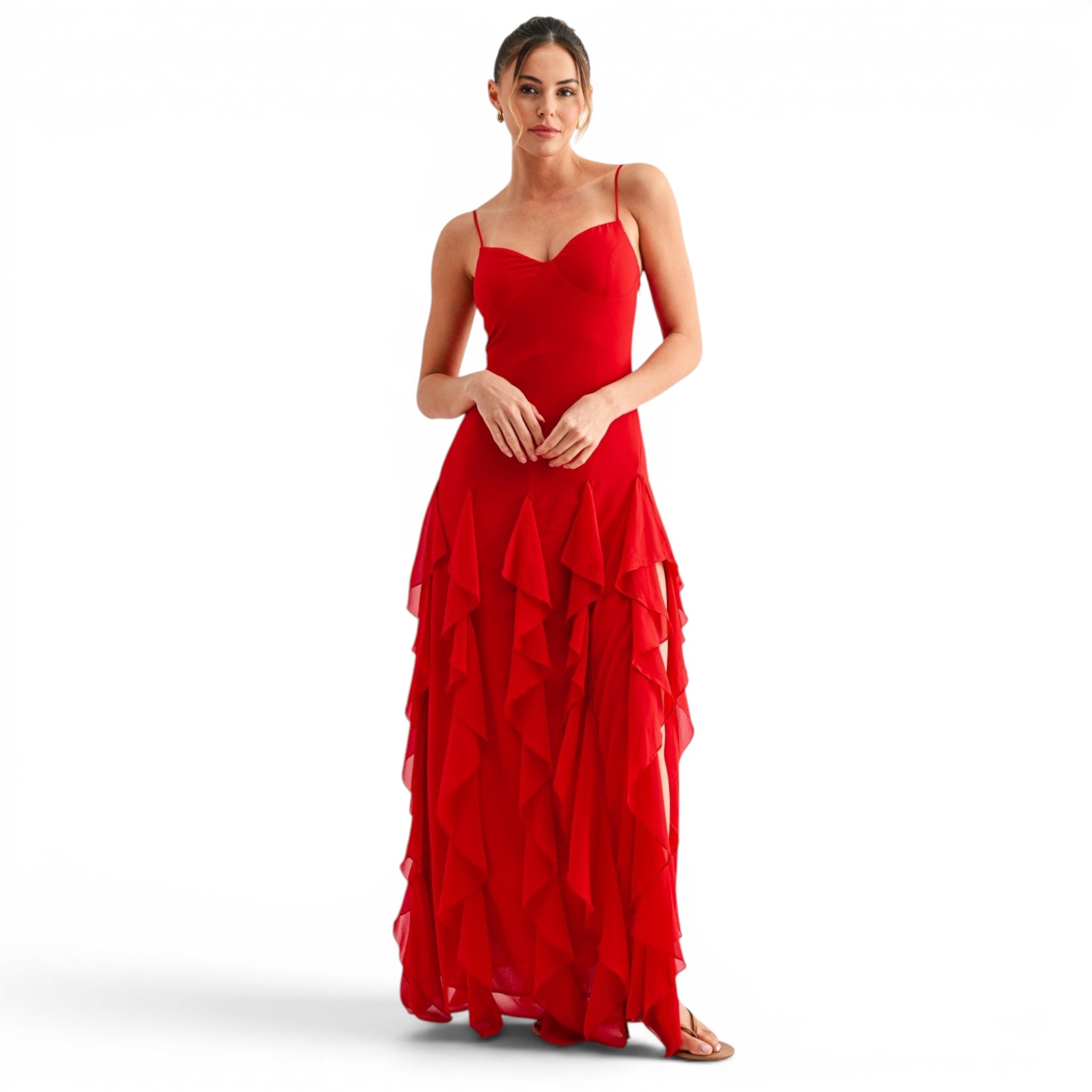 Vestido Largo Rojo con Volantes en Cascada y Escote Corazón para Fiesta