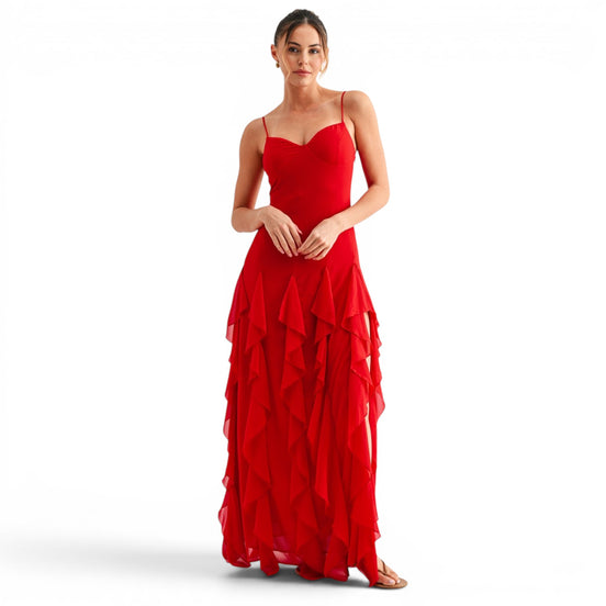 Vestido Largo Rojo con Volantes en Cascada y Escote Corazón para Fiesta