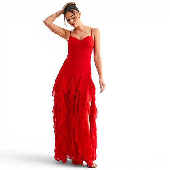 Vestido Largo Rojo con Volantes en Cascada y Escote Corazón para Fiesta