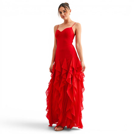 Vestido Largo Rojo con Volantes en Cascada y Escote Corazón para Fiesta