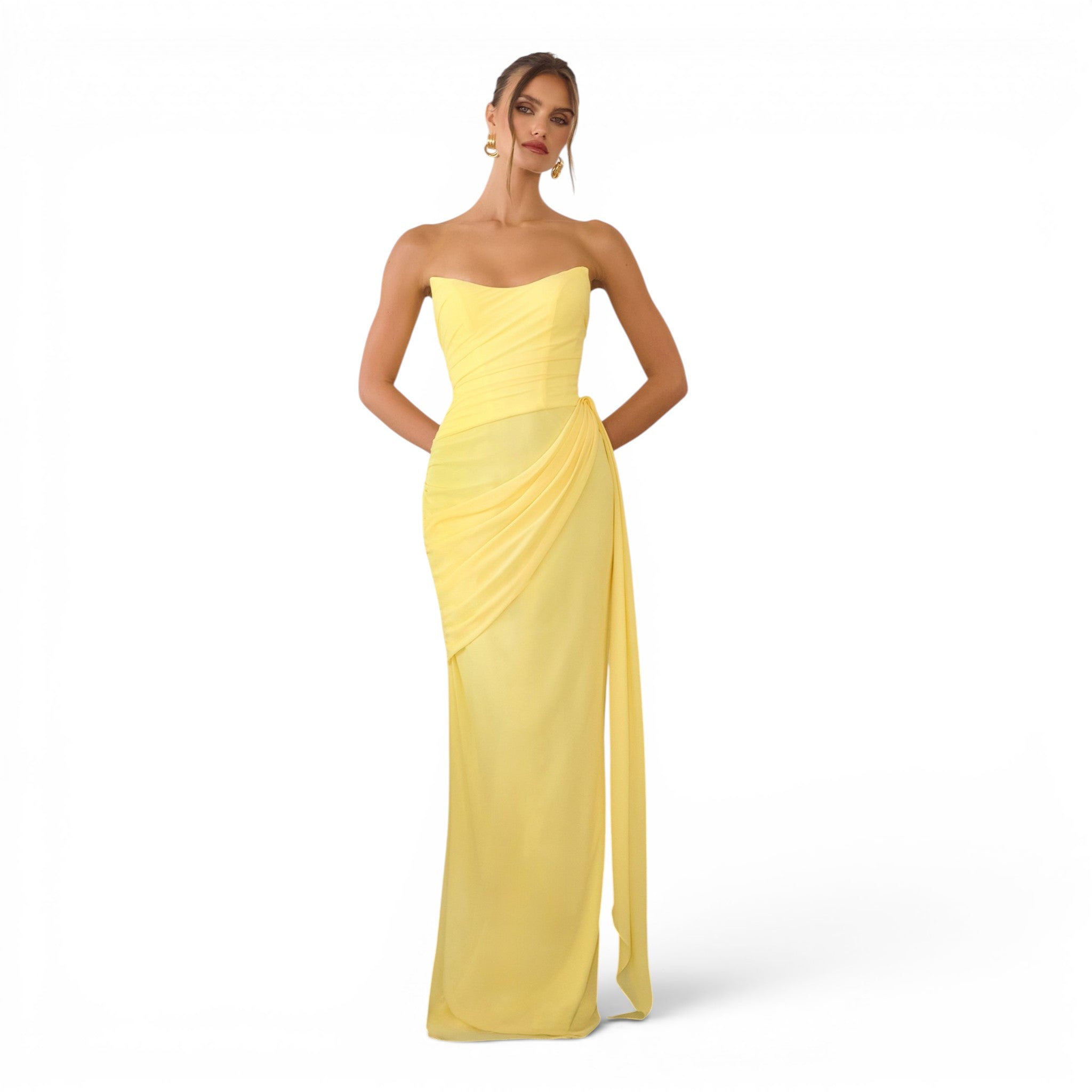 Vestido Largo Amarillo Claro Strapless de Chiffón para Evento