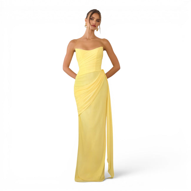 Vestido Largo Amarillo Claro Strapless de Chiffón para Evento