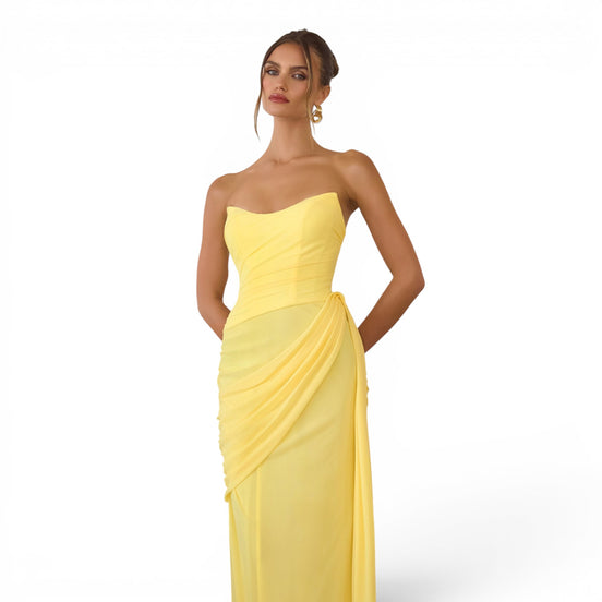 Vestido Largo Amarillo Claro Strapless de Chiffón para Evento