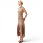 Vestido Midi Mocha con Cuello Alto y Dobladillo Pañuelo