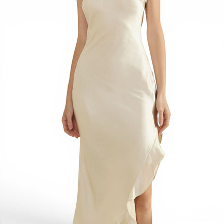 Vestido Midi Crema Strapless con Holán Asimétrico