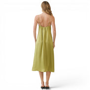 Vestido Midi Verde Olivo Satinado con Halter y Lazo
