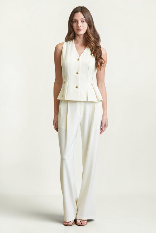 Cream Tailored V Neck Set