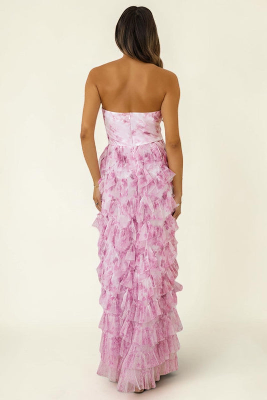 blackandbone strapless pink floral ruffled tiered maxi dress with sweetheart neckline and fitted bodice.