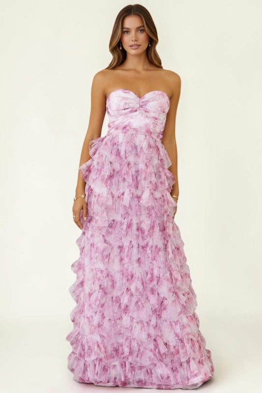 Blackandbone strapless pink floral tiered ruffle maxi dress with sweetheart neckline. Model is wearing a size small.