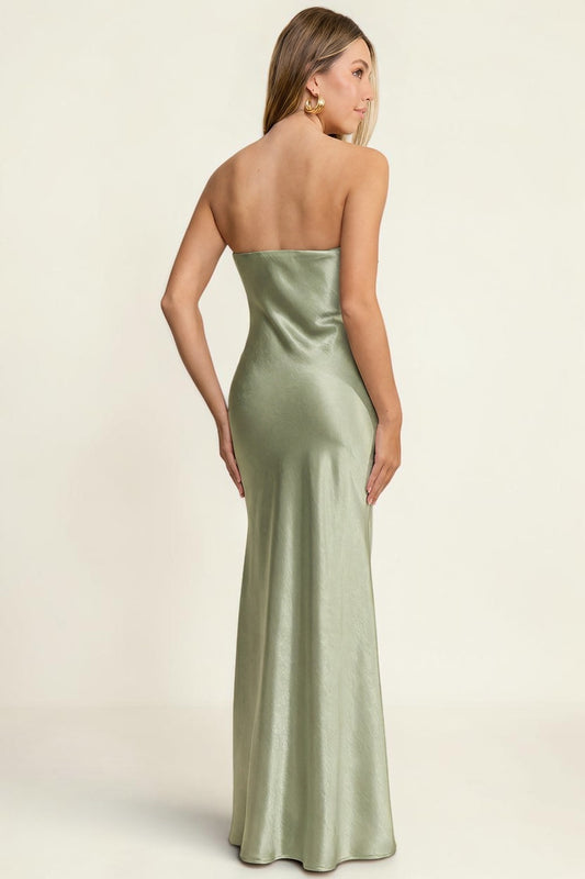 Blackandbone sage green strapless satin-like maxi dress with floral appliques on bodice.