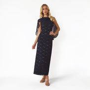 Vestido Largo Azul Navy con Lentejuela y Capa