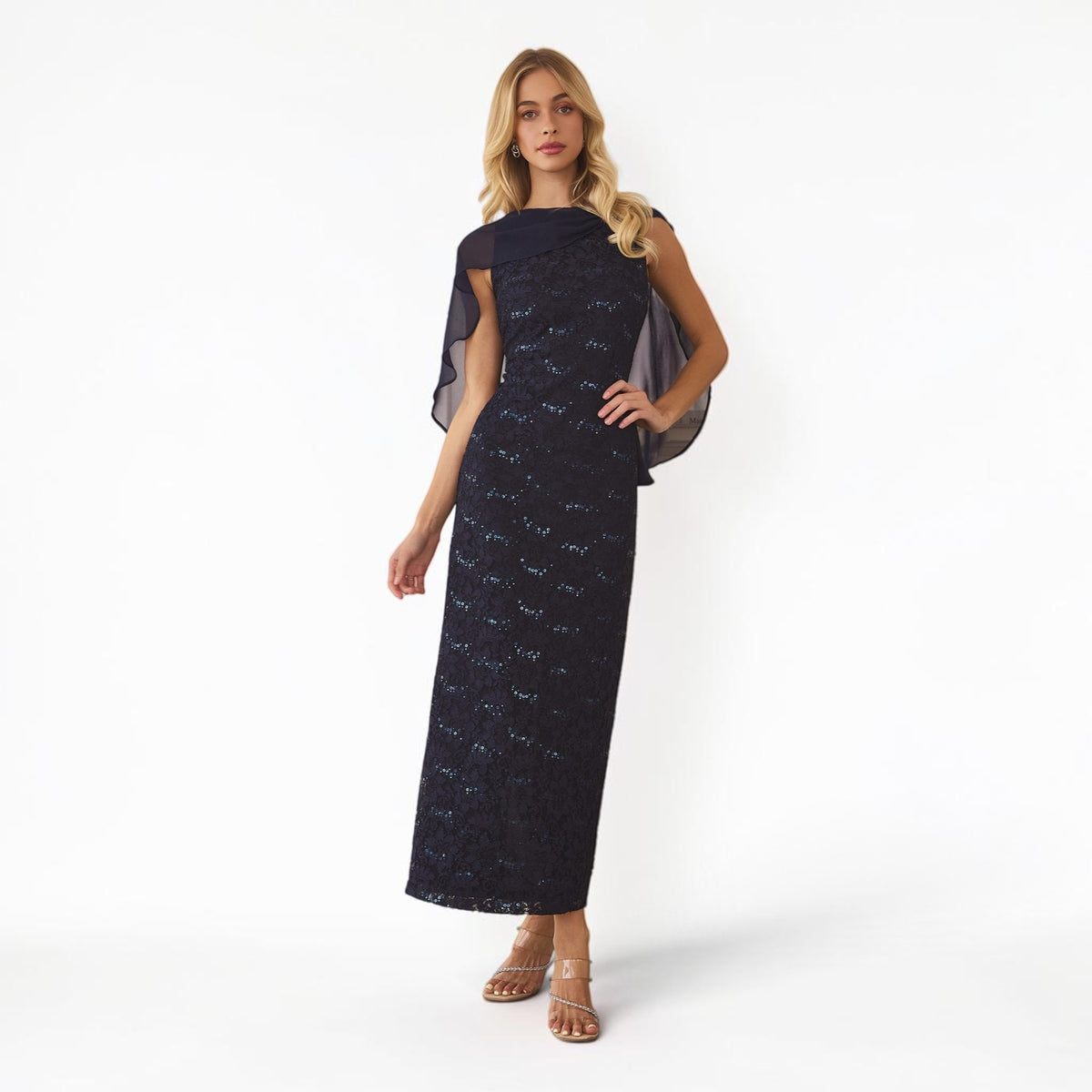 Vestido Largo Azul Navy con Lentejuela y Capa