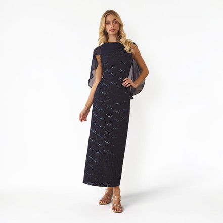 Vestido Largo Azul Navy con Lentejuela y Capa