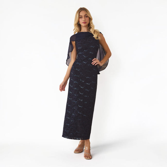 Vestido Largo Azul Navy con Lentejuela y Capa