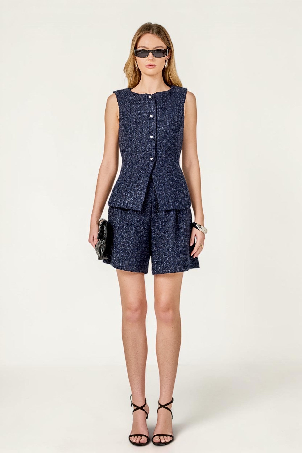Conjunto de tweed azul marino para evento formal