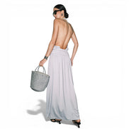 Vestido Largo Azul Cielo con Halter y Cintura Fruncida