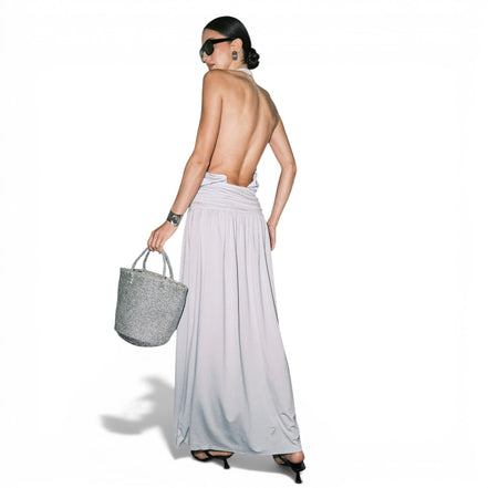 Vestido Largo Azul Cielo con Halter y Cintura Fruncida