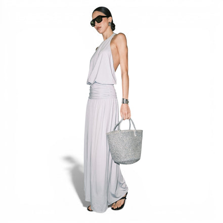 Vestido Largo Azul Cielo con Halter y Cintura Fruncida