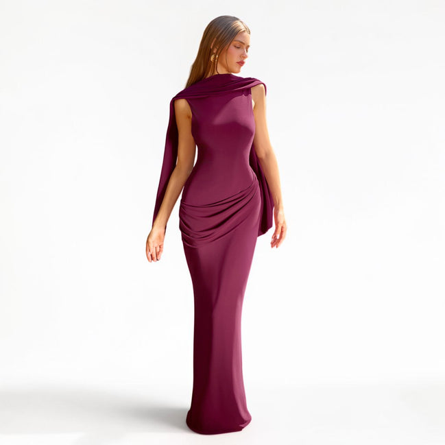 Vestido Largo Frambuesa con Capa Drapeada