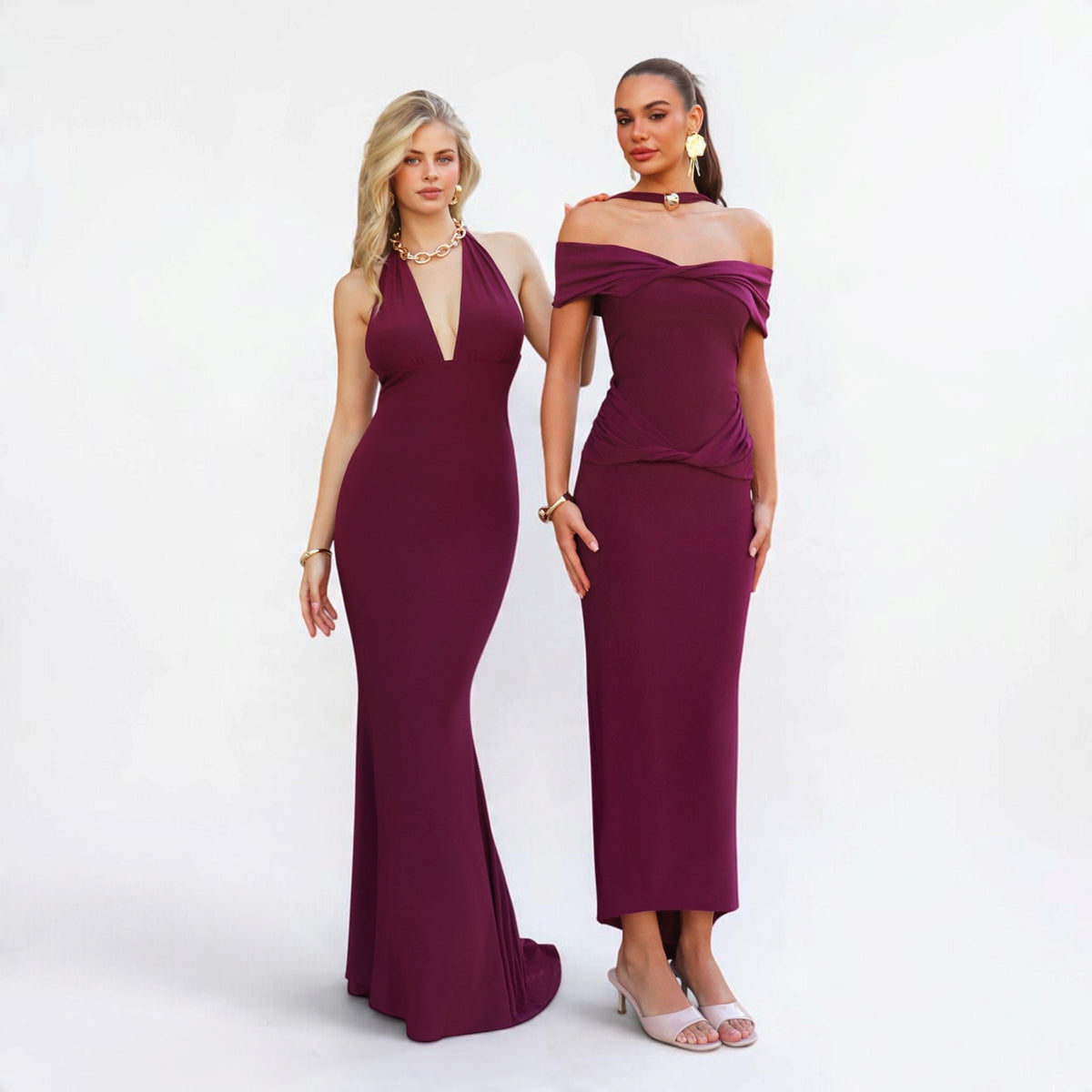 Vestido Largo Halter Ciruela con Espalda Abierta y Cola