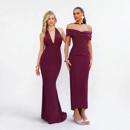 Vestido Largo Halter Ciruela con Espalda Abierta y Cola