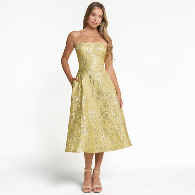 Vestido Midi Amarillo Brocado con Escote Corazón