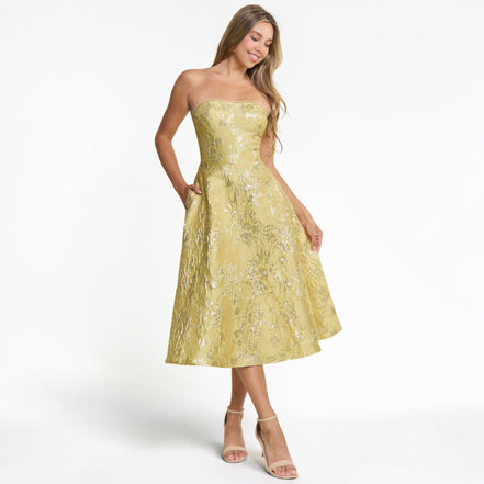 Vestido Midi Amarillo Brocado con Escote Corazón