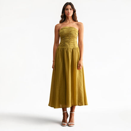 Vestido Midi Strapless Kiwi con Fruncido