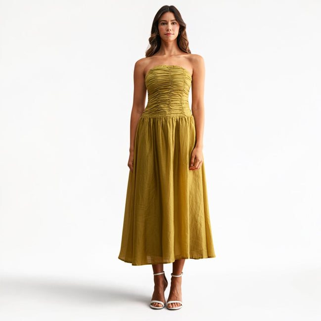 Vestido Midi Strapless Kiwi con Fruncido