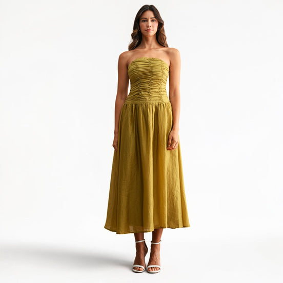 Vestido Midi Strapless Kiwi con Fruncido