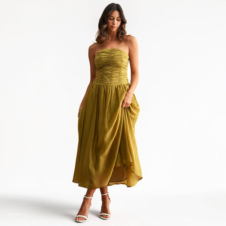 Vestido Midi Strapless Kiwi con Fruncido