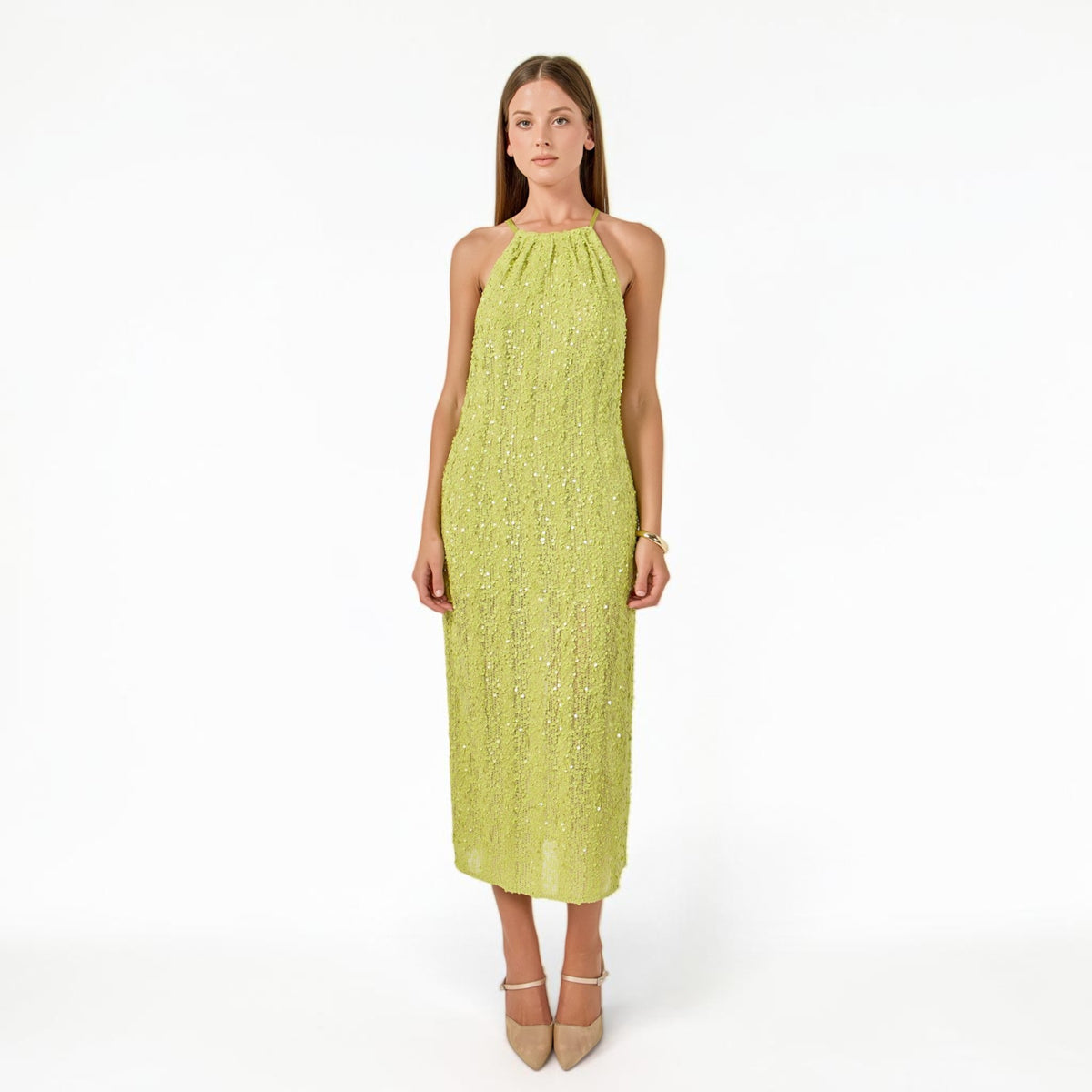 Vestido Midi Verde Lima con Lentejuela y Halter