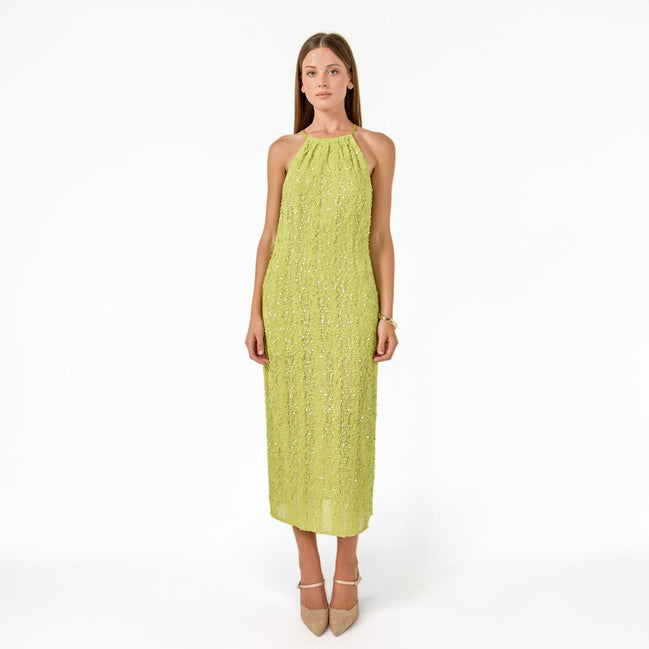 Vestido Midi Verde Lima con Lentejuela y Halter