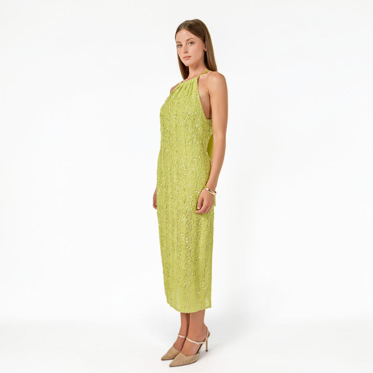 Vestido Midi Verde Lima con Lentejuela y Halter