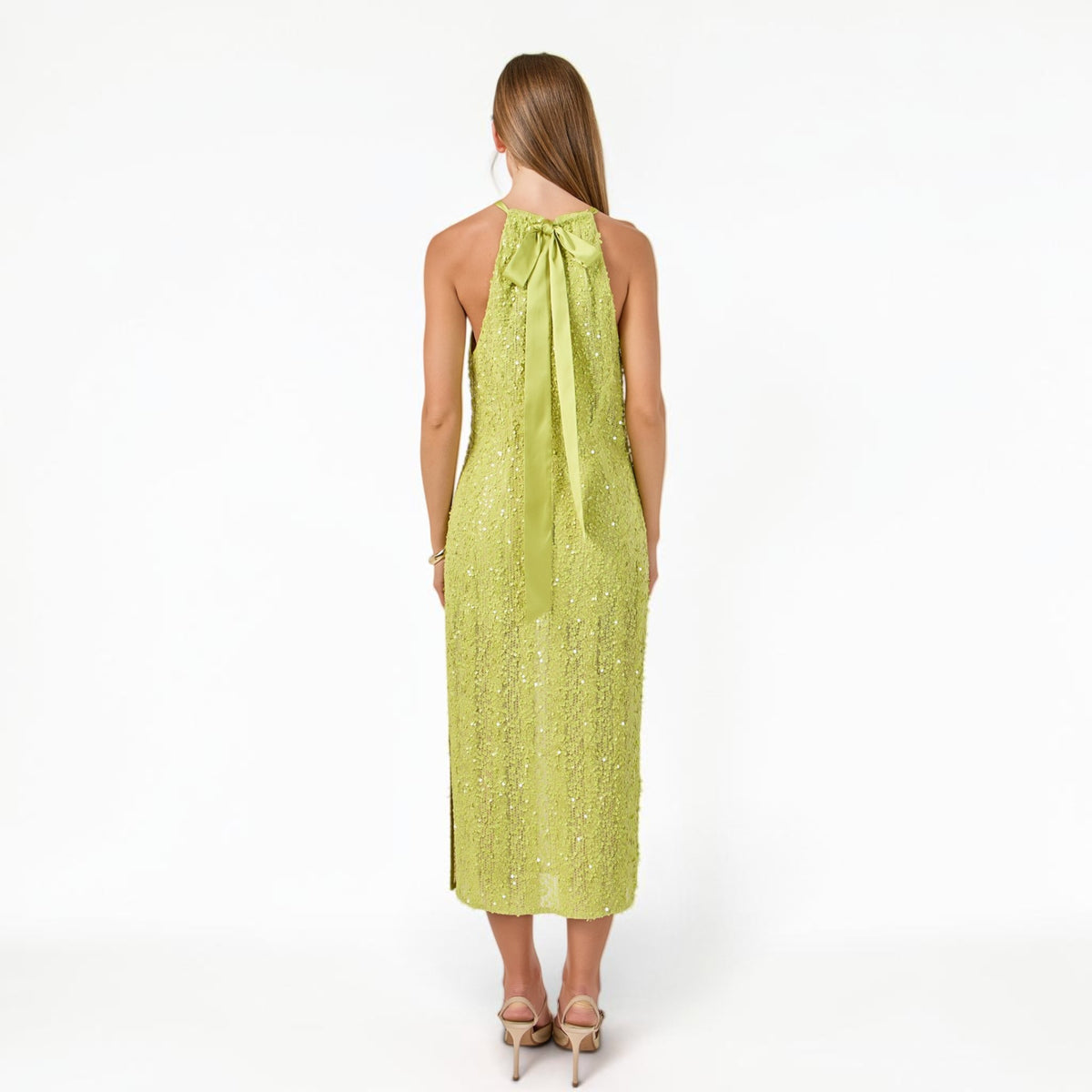 Vestido Midi Verde Lima con Lentejuela y Halter