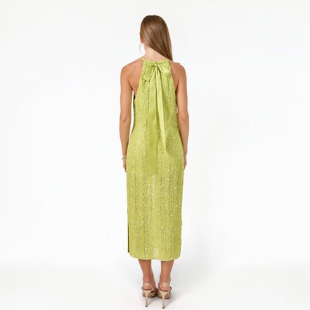 Vestido Midi Verde Lima con Lentejuela y Halter