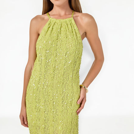 Vestido Midi Verde Lima con Lentejuela y Halter