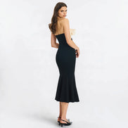Vestido Midi Strapless Negro con Moño Marfil Corte Sirena