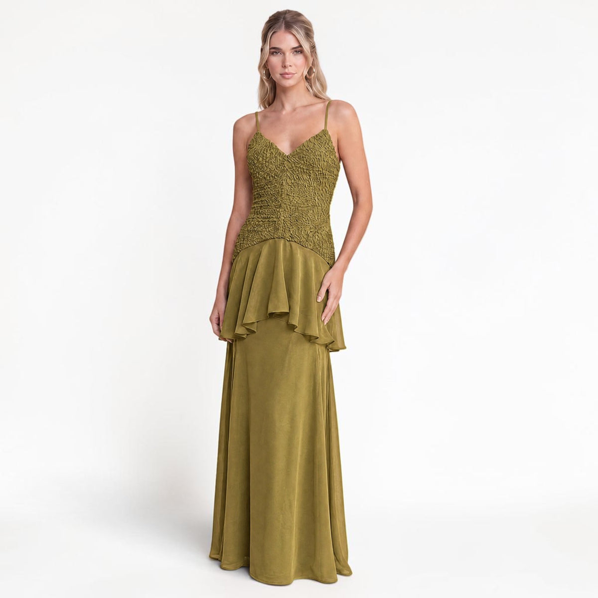 Vestido Largo Verde Olivo con Encaje y Holán
