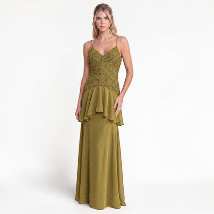 Vestido Largo Verde Olivo con Encaje y Holán