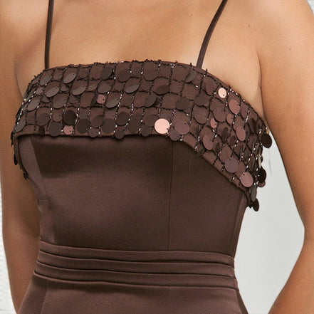Vestido Largo Café con Lentejuela Circular y Tirantes
