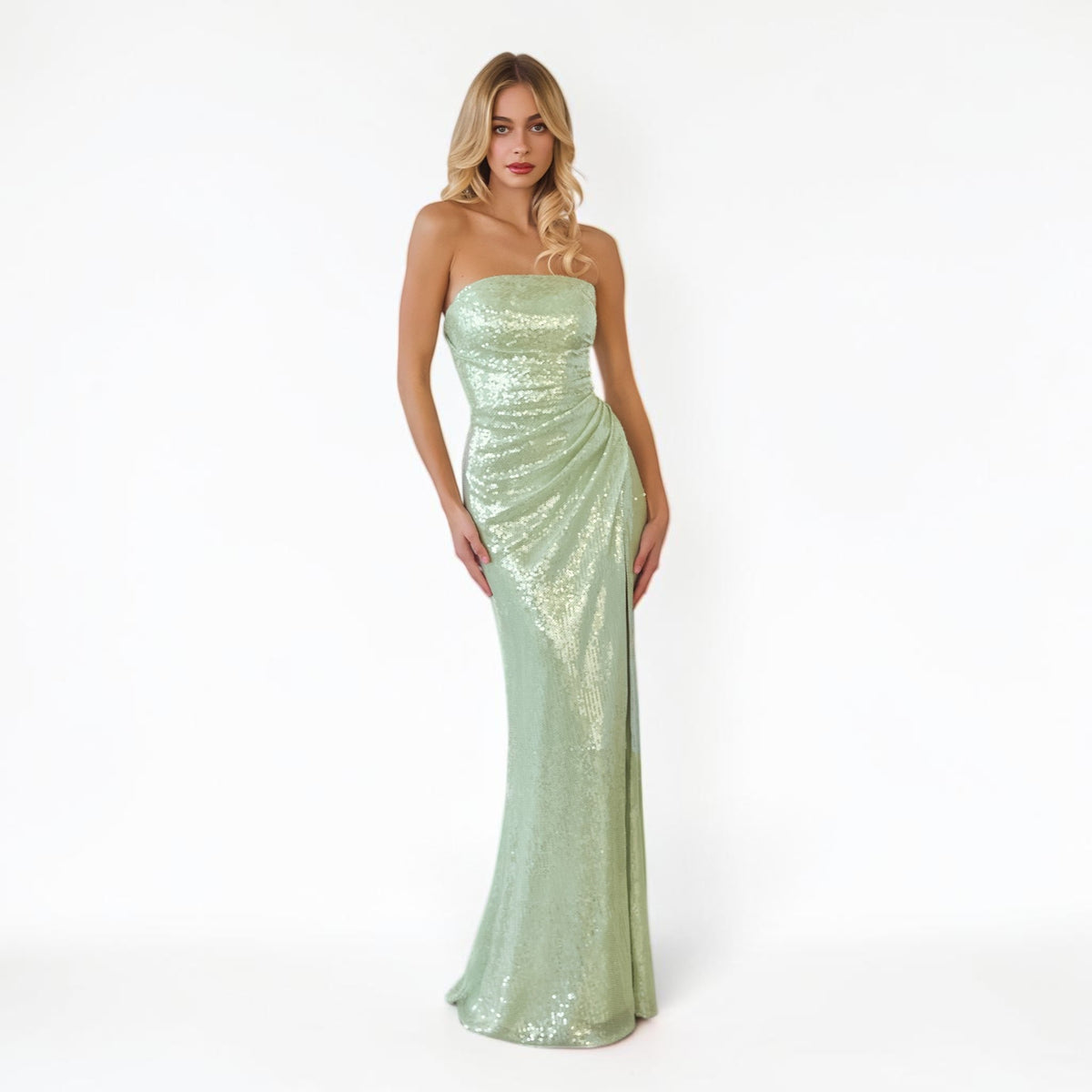 Vestido Largo Lentejuela Verde Sage Drapeado