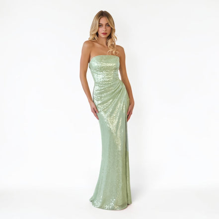 Vestido Largo Lentejuela Verde Sage Drapeado