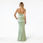 Vestido Largo Lentejuela Verde Sage Drapeado