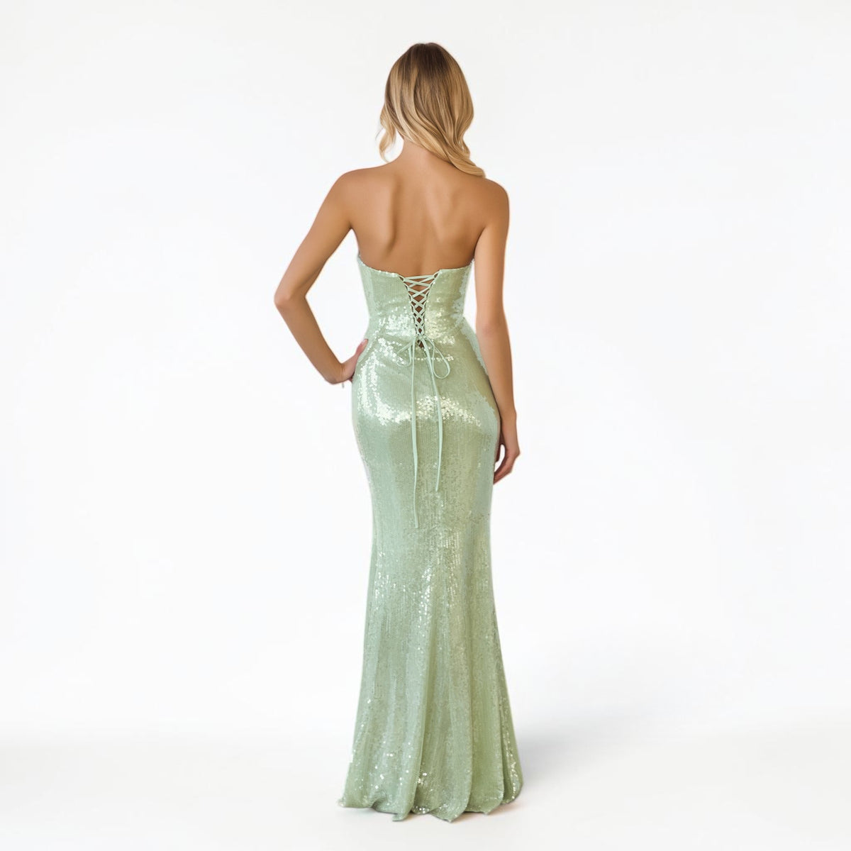 Vestido Largo Lentejuela Verde Sage Drapeado
